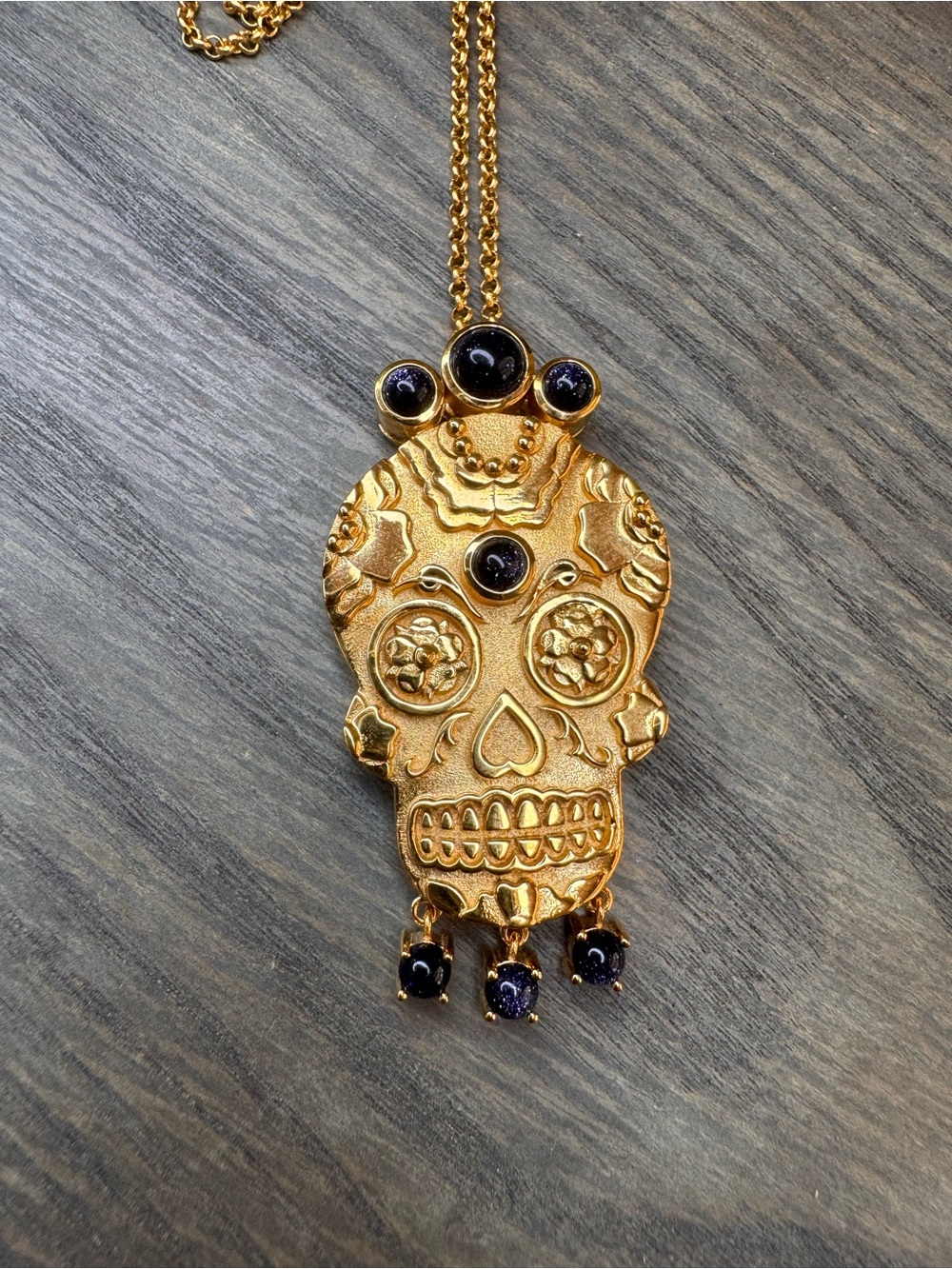 NEW Gold-Tone Sugar Skull Pendant Necklace with Black Sunstone Accents